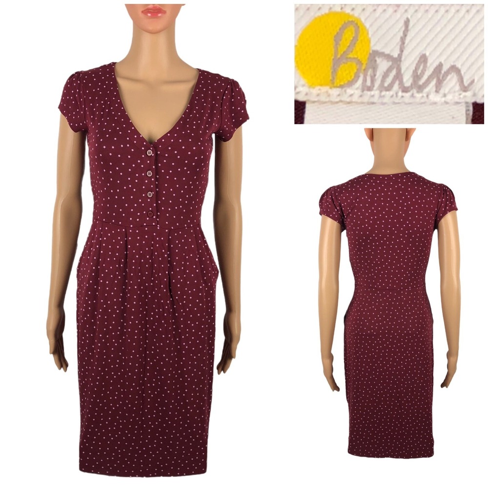 Boden Size 2P Alberta Jersey Dress Polka Dot Maroon Viscose Pockets Stretch EUC